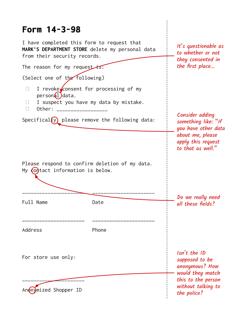 Copy of the store security opt-out policy, with annotations from someone who reviewed it.